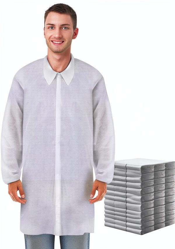 Disposable Lab Coats 50 Pack White Knitted Cuffs Adult Sizes-0