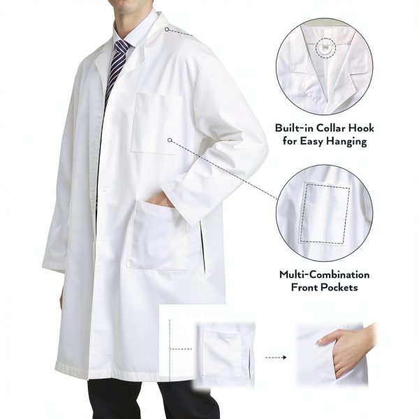 Greenour Professional Lab Coat for Men Long Sleeve Doctor Uniform with 3 Pockets Laboratory Jacket (White)-2